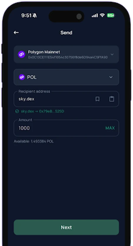 Send screen resolving the Web3 name sky.dex to a wallet address