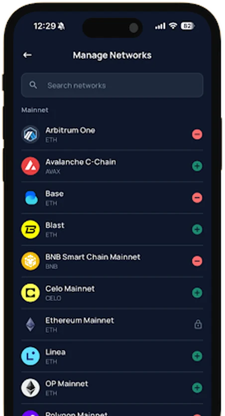 Manage networks screen listing mainnet chains